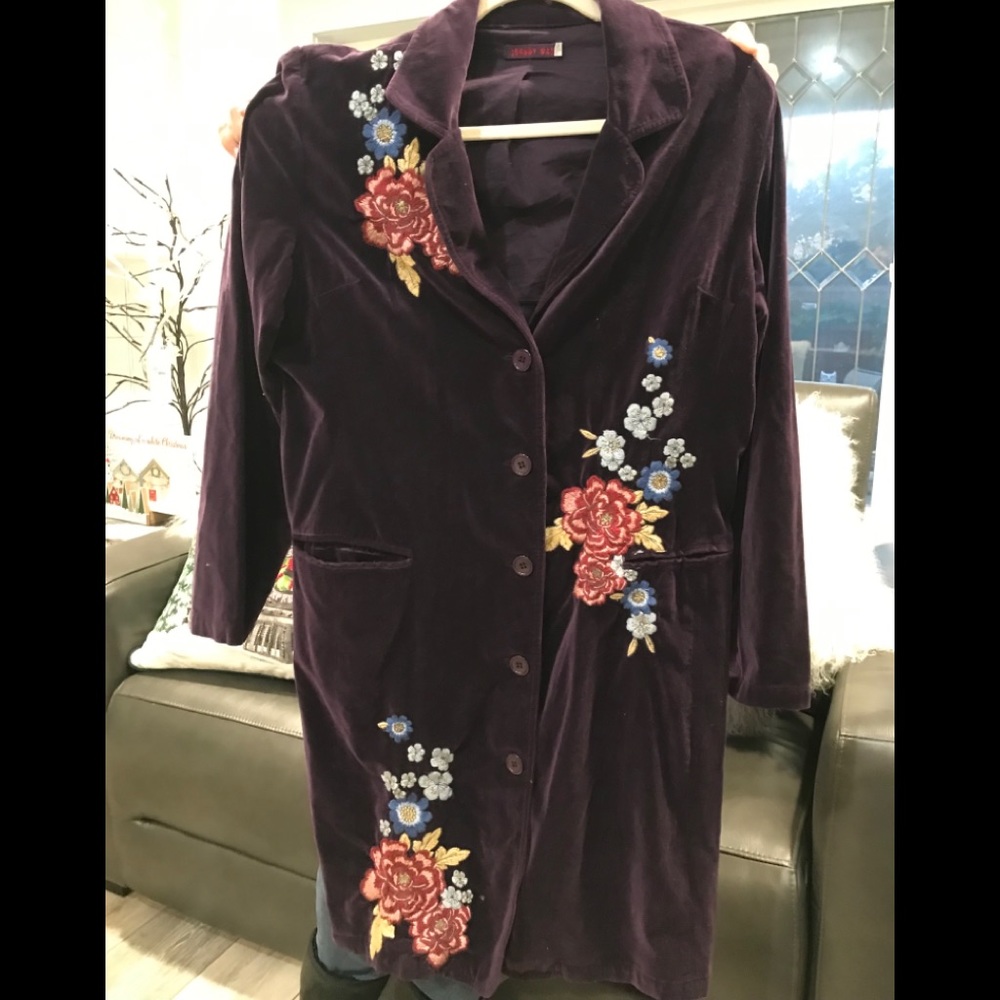 JOHNNY WAS Purple Velvet Floral Coat SZ XL